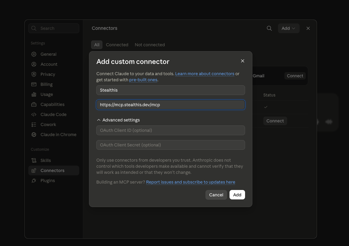 Claude Add custom connector modal with the name Stealthis and URL https://mcp.stealthis.dev/mcp filled in